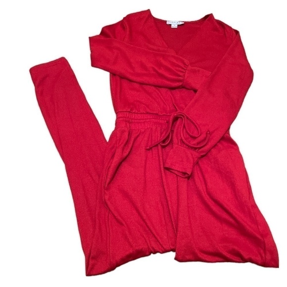 FAVLUX Pants - JUMPSUIT. Long sleeve. Red. V-neck. Tie waist. NWOT